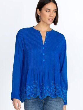 Johnny Was Leonie Pintuck Eyelet Blouse Size Small Blue Longsleeve Embroidered